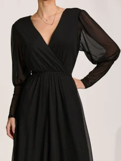 Jolie Moi Occasion Dresses|Mesh Dresses-Mesh Long Puff Sleeve Wrap Midi Dress, Black