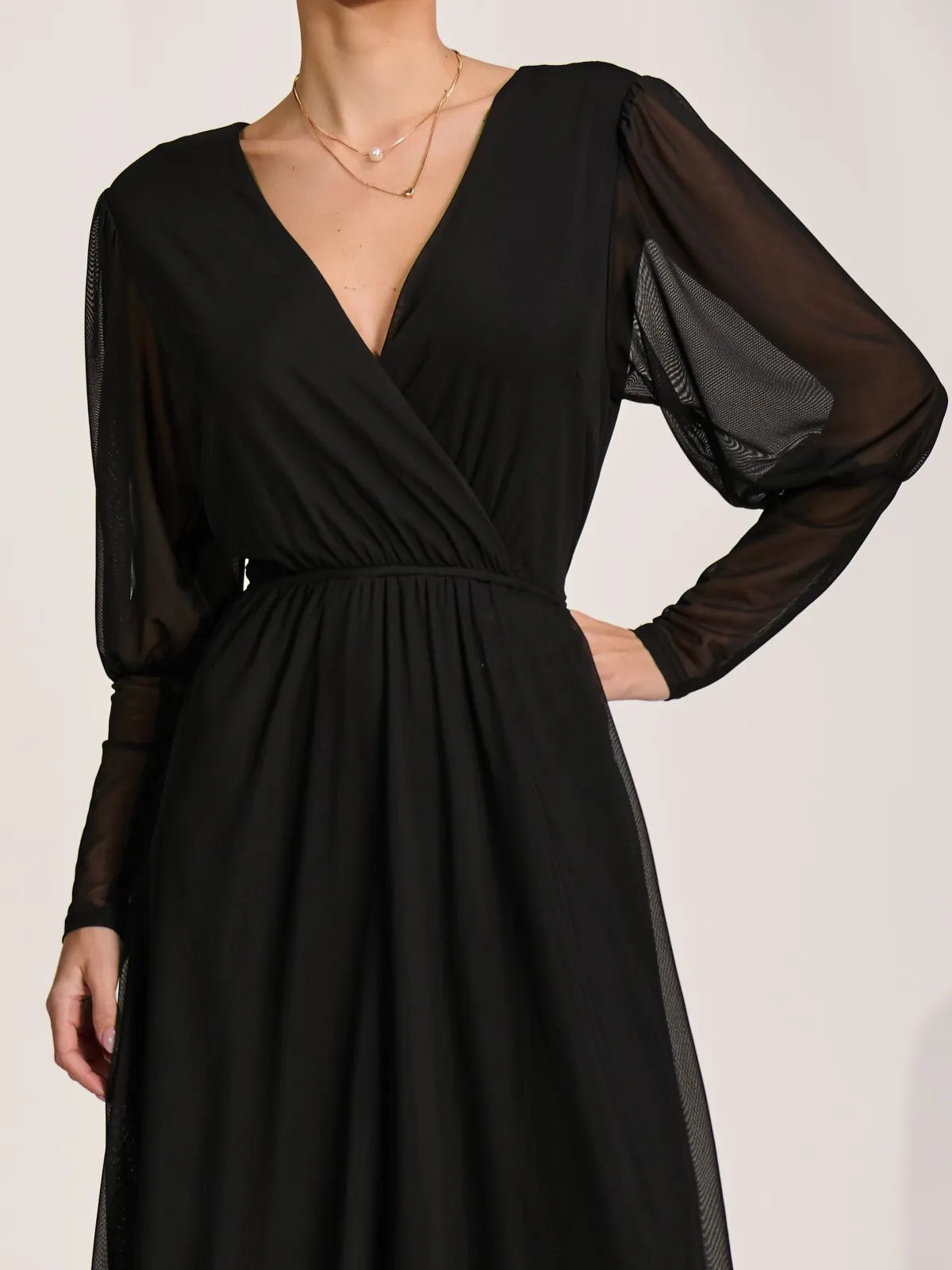Jolie Moi Occasion Dresses|Mesh Dresses-Mesh Long Puff Sleeve Wrap Midi Dress, Black