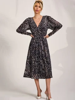 Jolie Moi Occasion Dresses|Midi Dresses-Mesh Long Puff Sleeve Wrap Midi Dress, Brown Tiger
