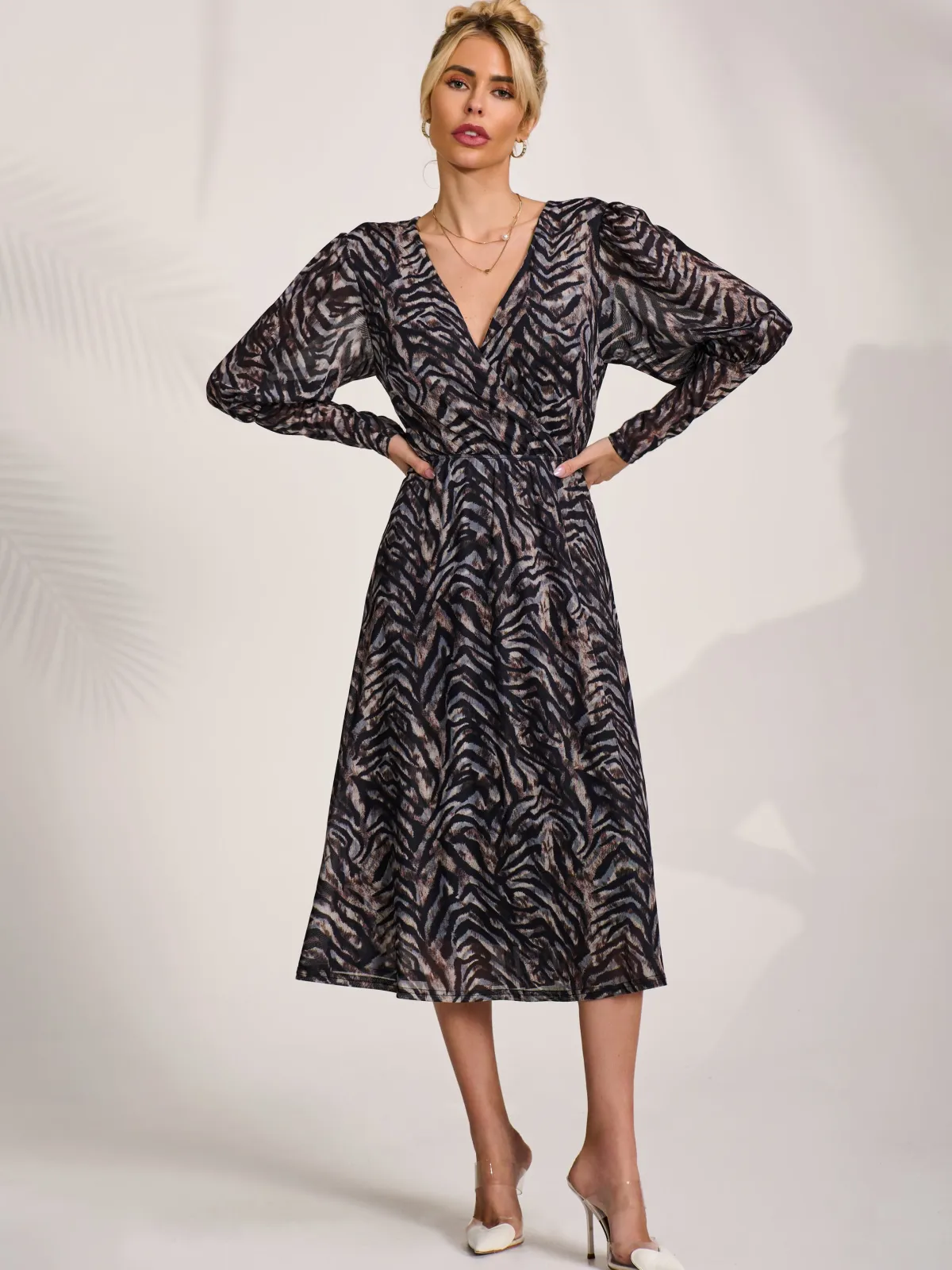 Jolie Moi Occasion Dresses|Midi Dresses-Mesh Long Puff Sleeve Wrap Midi Dress, Brown Tiger
