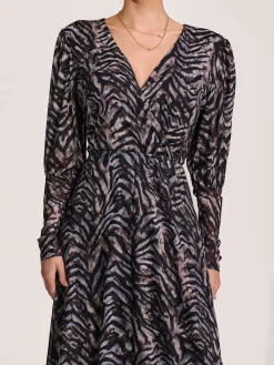 Jolie Moi Occasion Dresses|Midi Dresses-Mesh Long Puff Sleeve Wrap Midi Dress, Brown Tiger