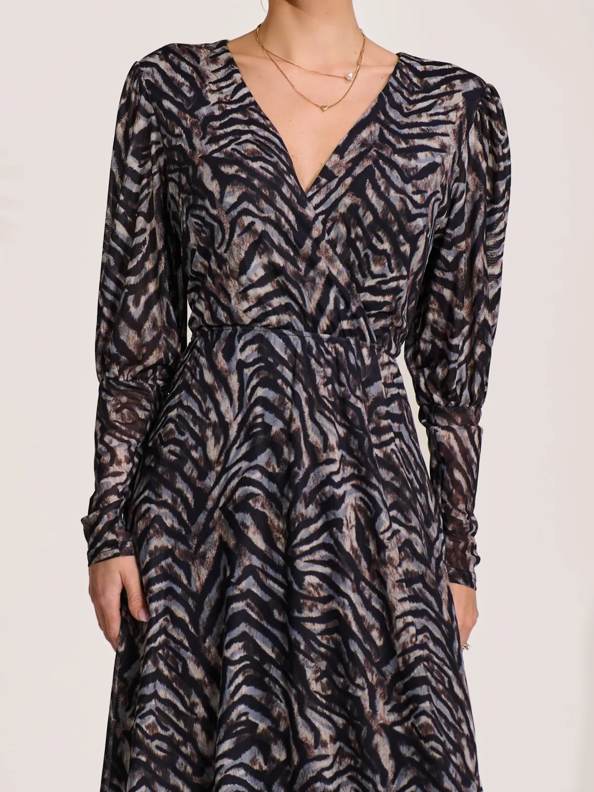 Jolie Moi Occasion Dresses|Midi Dresses-Mesh Long Puff Sleeve Wrap Midi Dress, Brown Tiger