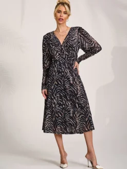 Jolie Moi Occasion Dresses|Midi Dresses-Mesh Long Puff Sleeve Wrap Midi Dress, Brown Tiger