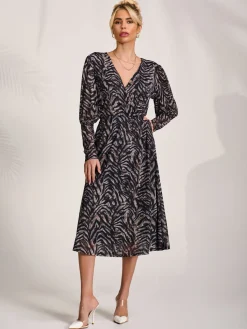 Jolie Moi Occasion Dresses|Midi Dresses-Mesh Long Puff Sleeve Wrap Midi Dress, Brown Tiger