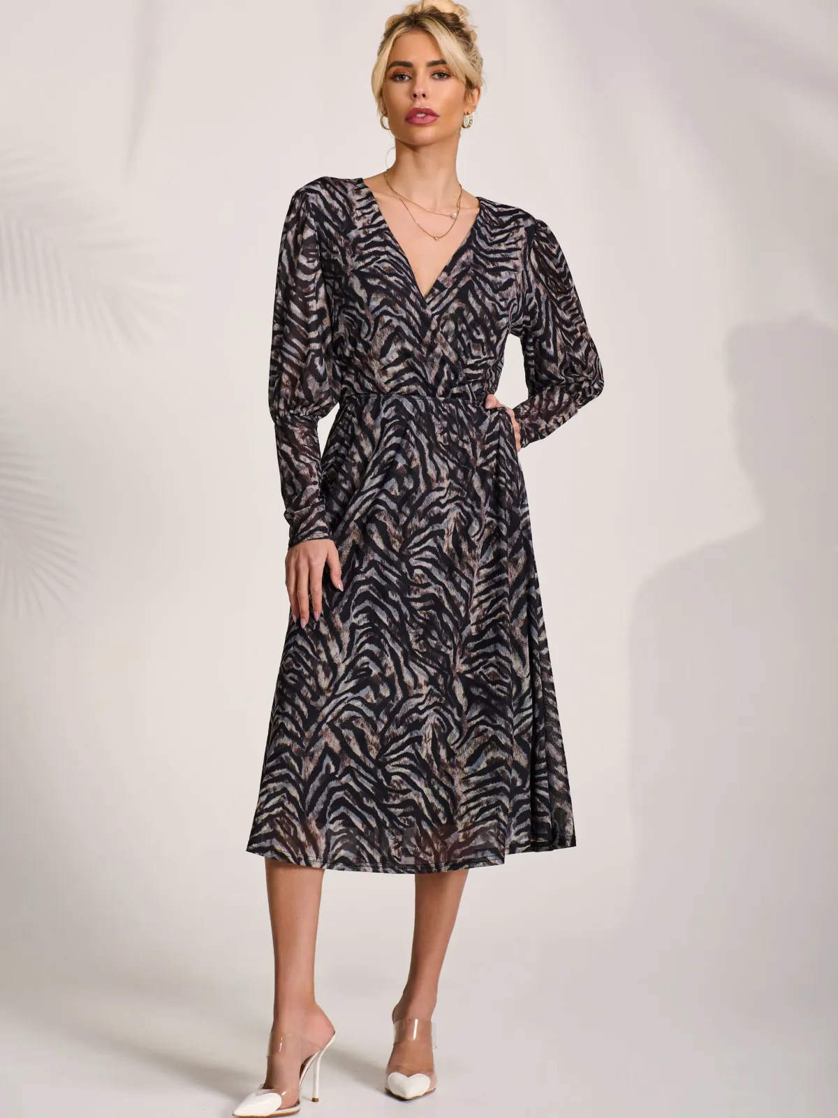 Jolie Moi Occasion Dresses|Midi Dresses-Mesh Long Puff Sleeve Wrap Midi Dress, Brown Tiger