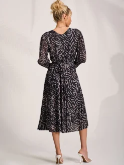 Jolie Moi Occasion Dresses|Midi Dresses-Mesh Long Puff Sleeve Wrap Midi Dress, Brown Tiger