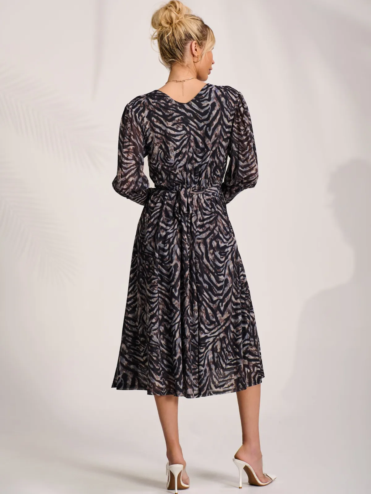 Jolie Moi Occasion Dresses|Midi Dresses-Mesh Long Puff Sleeve Wrap Midi Dress, Brown Tiger