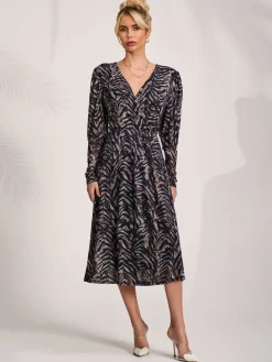 Jolie Moi Occasion Dresses|Midi Dresses-Mesh Long Puff Sleeve Wrap Midi Dress, Brown Tiger