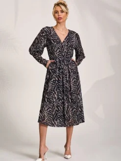 Jolie Moi Occasion Dresses|Midi Dresses-Mesh Long Puff Sleeve Wrap Midi Dress, Brown Tiger