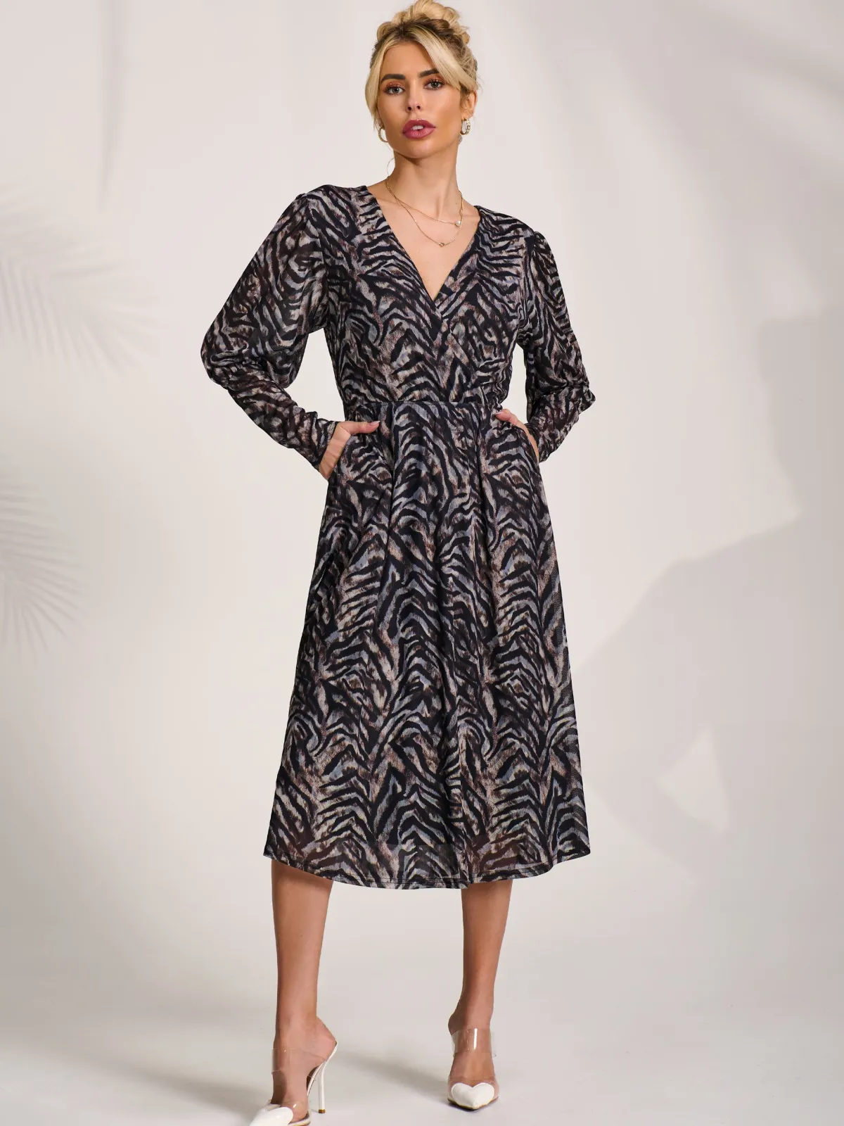 Jolie Moi Occasion Dresses|Midi Dresses-Mesh Long Puff Sleeve Wrap Midi Dress, Brown Tiger