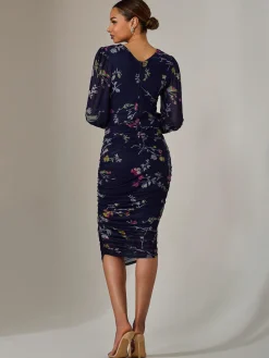 Jolie Moi Occasion Dresses|Mesh Dresses-Mesh Long Sleeve Ruched Bodycon Dress, Navy Pink Multi