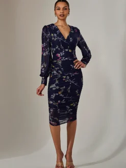 Jolie Moi Occasion Dresses|Mesh Dresses-Mesh Long Sleeve Ruched Bodycon Dress, Navy Pink Multi