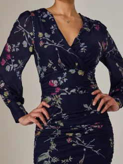 Jolie Moi Occasion Dresses|Mesh Dresses-Mesh Long Sleeve Ruched Bodycon Dress, Navy Pink Multi