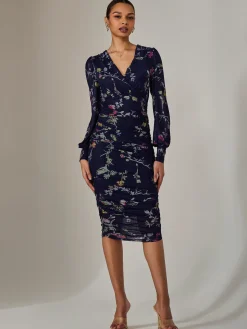 Jolie Moi Occasion Dresses|Mesh Dresses-Mesh Long Sleeve Ruched Bodycon Dress, Navy Pink Multi