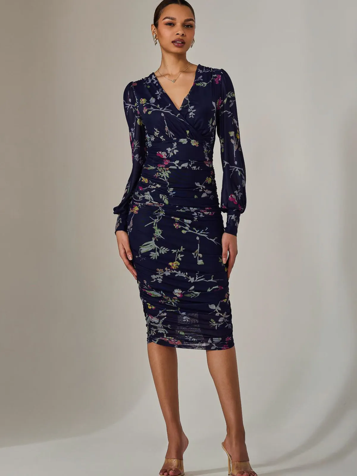 Jolie Moi Occasion Dresses|Mesh Dresses-Mesh Long Sleeve Ruched Bodycon Dress, Navy Pink Multi