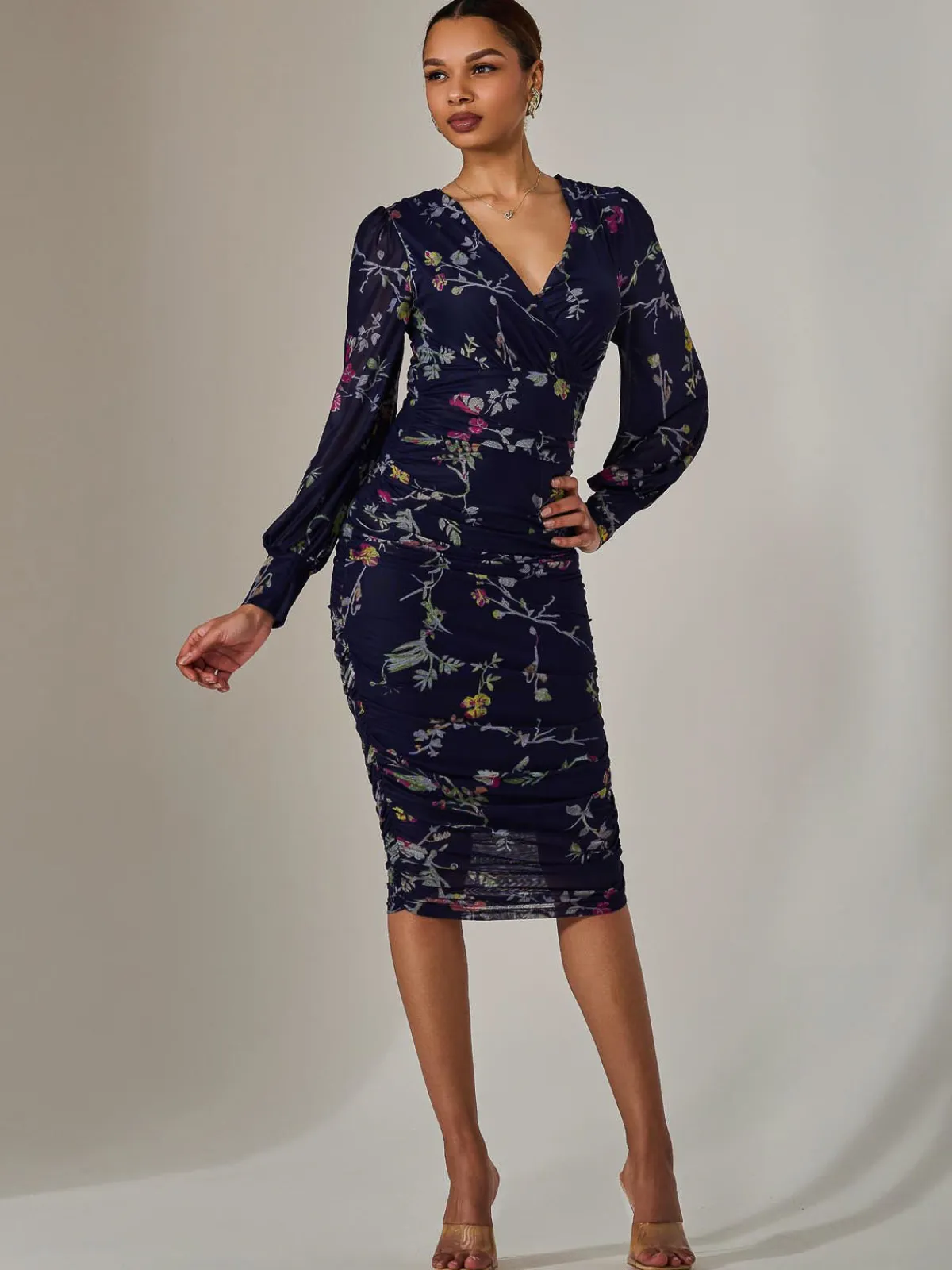 Jolie Moi Occasion Dresses|Mesh Dresses-Mesh Long Sleeve Ruched Bodycon Dress, Navy Pink Multi