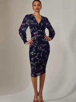Jolie Moi Occasion Dresses|Mesh Dresses-Mesh Long Sleeve Ruched Bodycon Dress, Navy Pink Multi