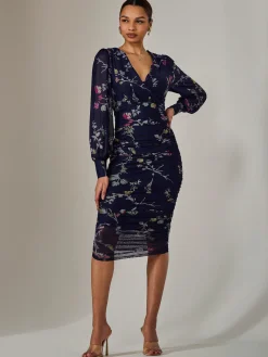 Jolie Moi Occasion Dresses|Mesh Dresses-Mesh Long Sleeve Ruched Bodycon Dress, Navy Pink Multi