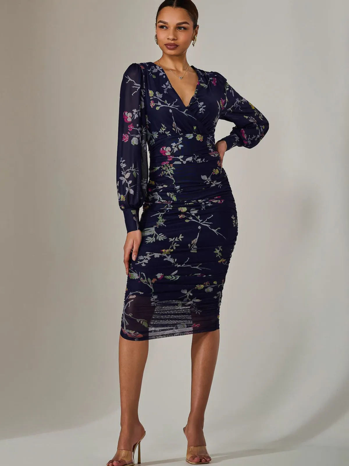 Jolie Moi Occasion Dresses|Mesh Dresses-Mesh Long Sleeve Ruched Bodycon Dress, Navy Pink Multi