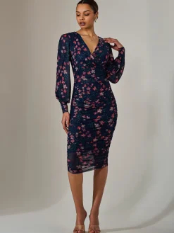 Jolie Moi Occasion Dresses|Floral Dresses-Mesh Long Sleeve Ruched Bodycon Dress, Navy Red Floral