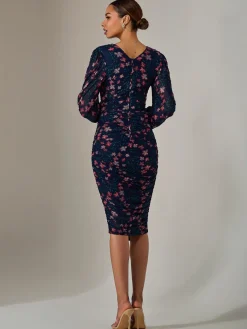 Jolie Moi Occasion Dresses|Floral Dresses-Mesh Long Sleeve Ruched Bodycon Dress, Navy Red Floral