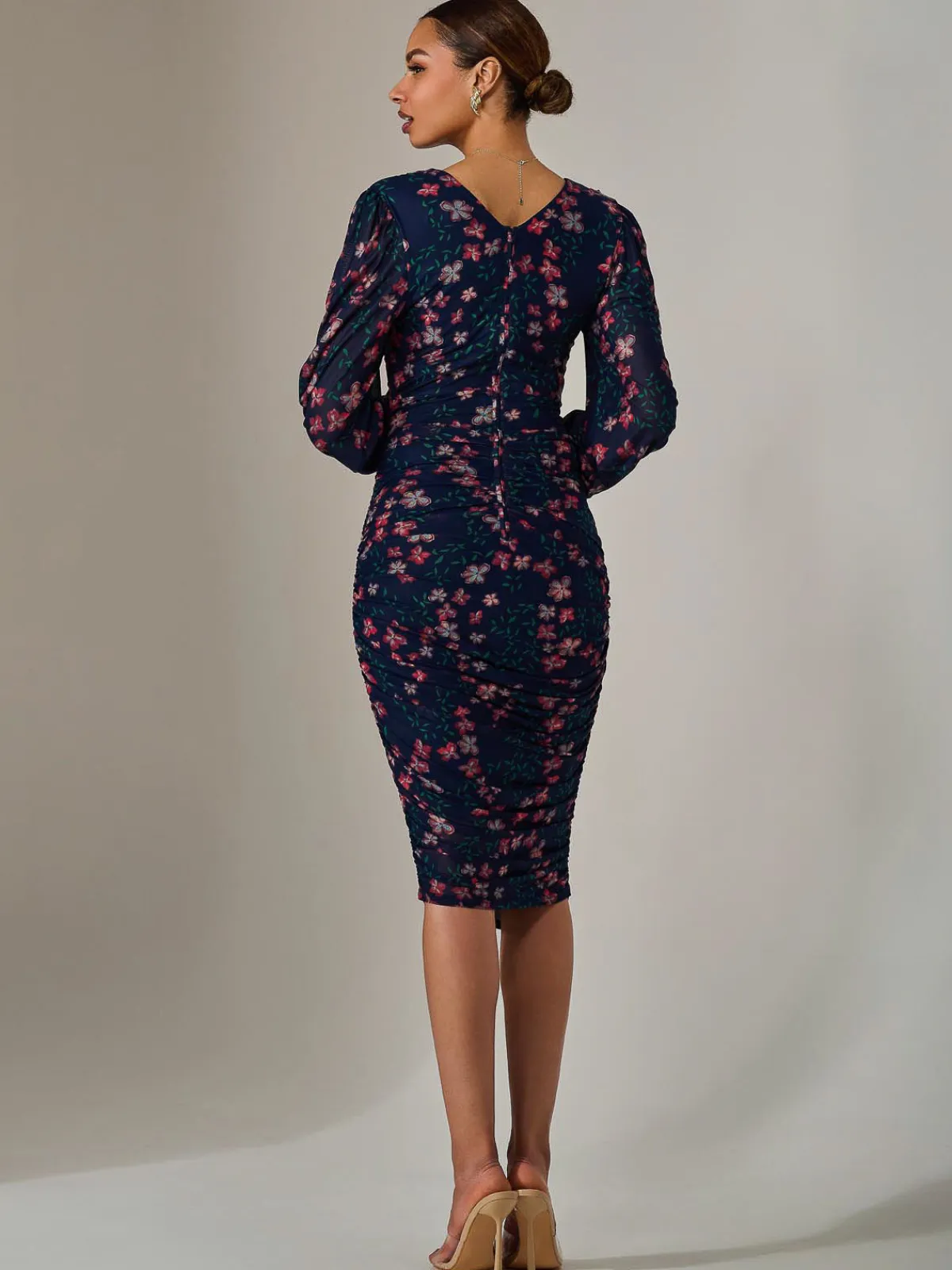 Jolie Moi Occasion Dresses|Floral Dresses-Mesh Long Sleeve Ruched Bodycon Dress, Navy Red Floral