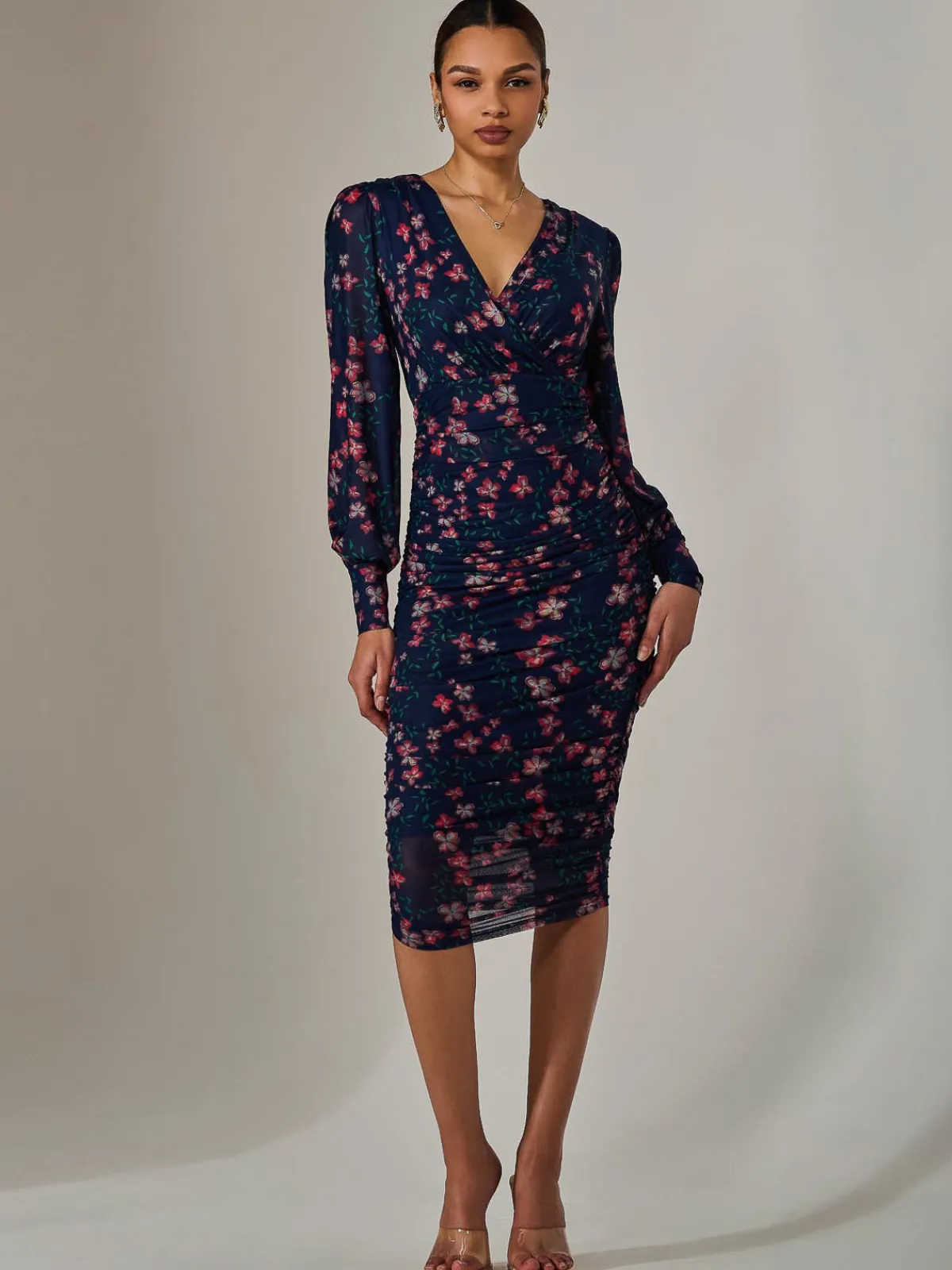 Jolie Moi Occasion Dresses|Floral Dresses-Mesh Long Sleeve Ruched Bodycon Dress, Navy Red Floral