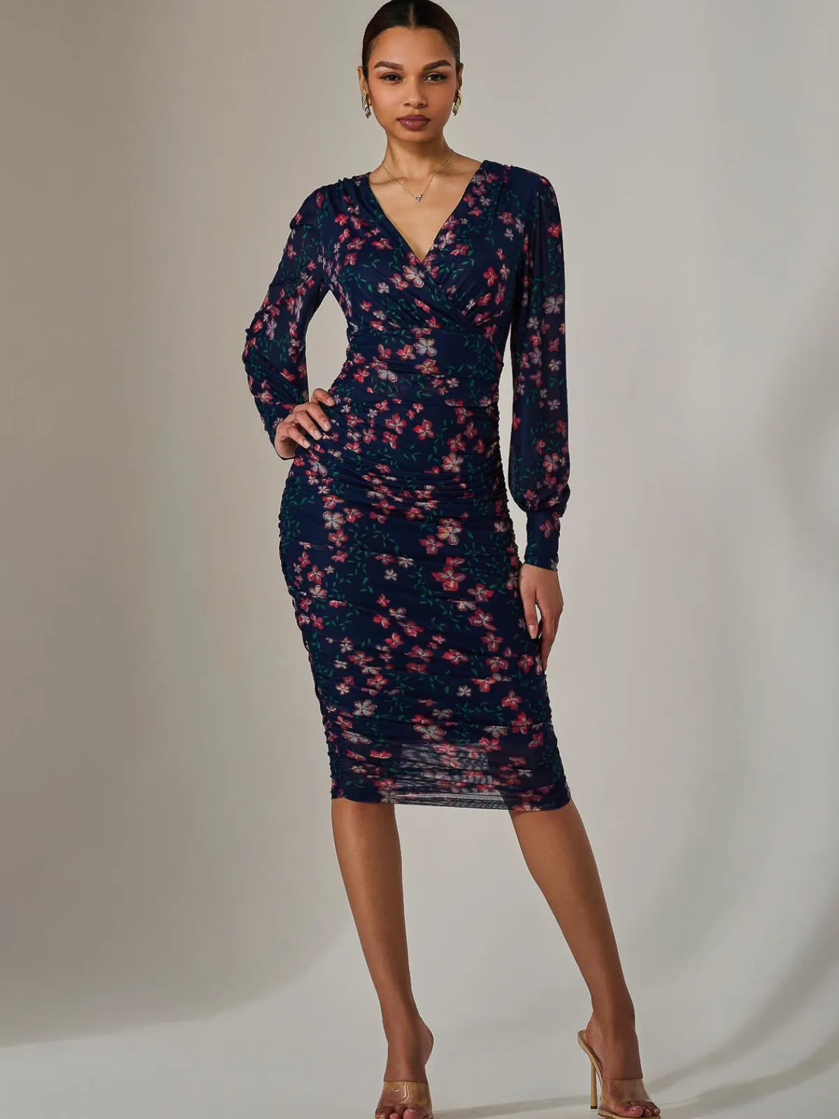 Jolie Moi Occasion Dresses|Floral Dresses-Mesh Long Sleeve Ruched Bodycon Dress, Navy Red Floral