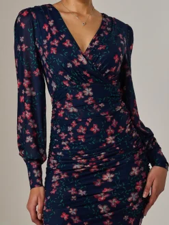 Jolie Moi Occasion Dresses|Floral Dresses-Mesh Long Sleeve Ruched Bodycon Dress, Navy Red Floral