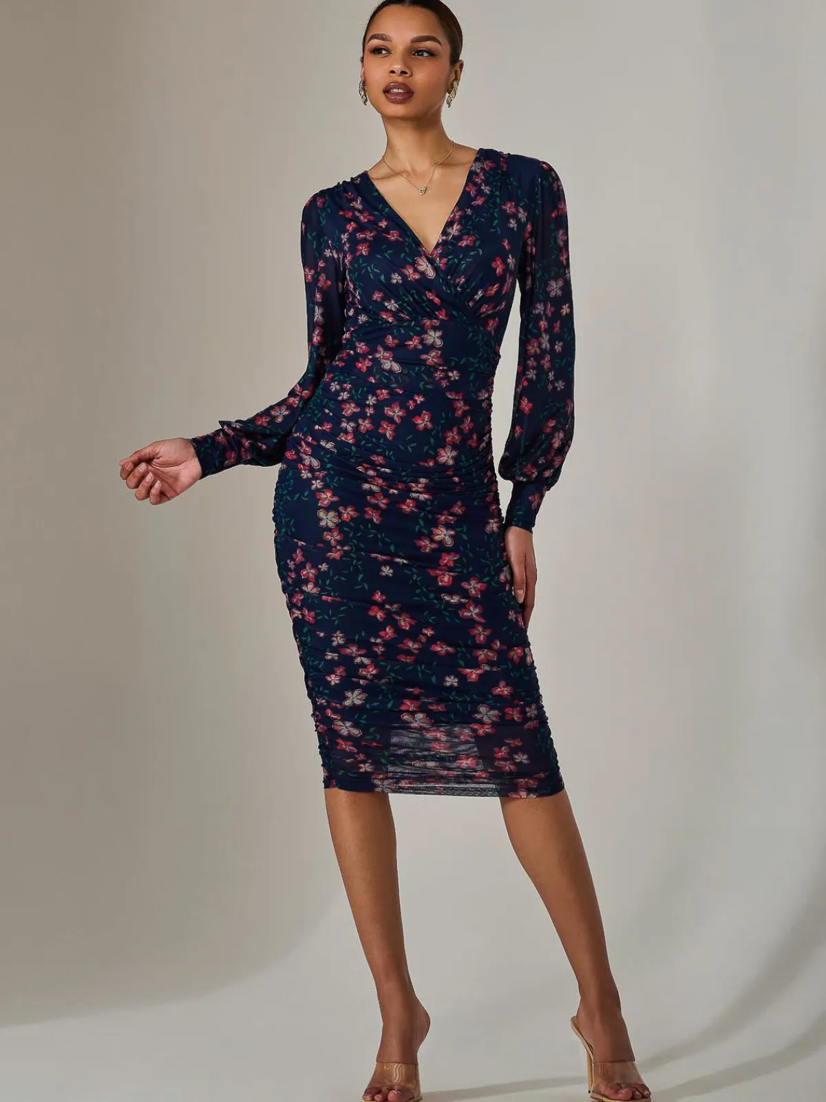 Jolie Moi Occasion Dresses|Floral Dresses-Mesh Long Sleeve Ruched Bodycon Dress, Navy Red Floral