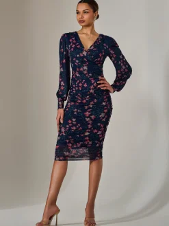 Jolie Moi Occasion Dresses|Floral Dresses-Mesh Long Sleeve Ruched Bodycon Dress, Navy Red Floral