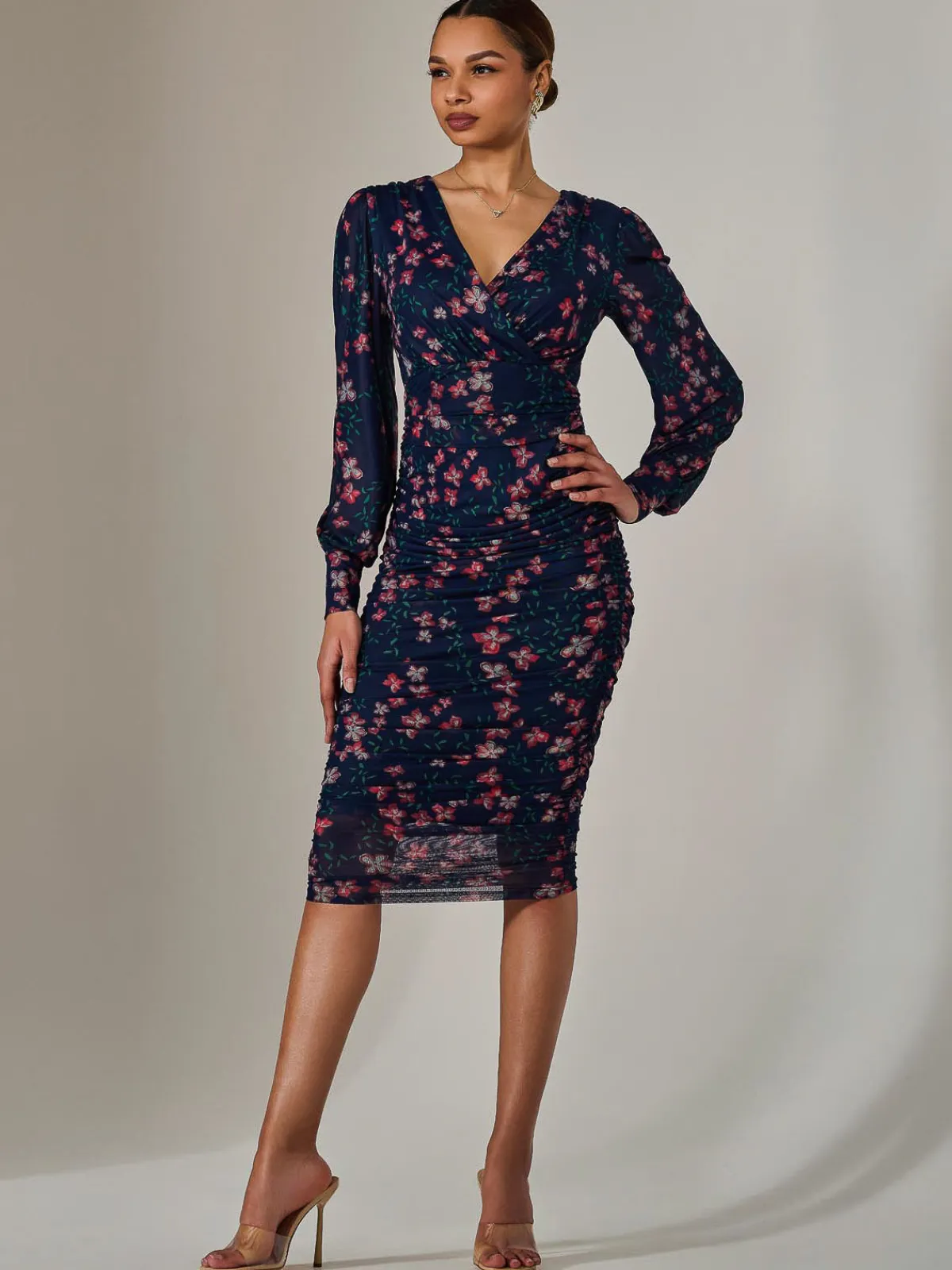 Jolie Moi Occasion Dresses|Floral Dresses-Mesh Long Sleeve Ruched Bodycon Dress, Navy Red Floral