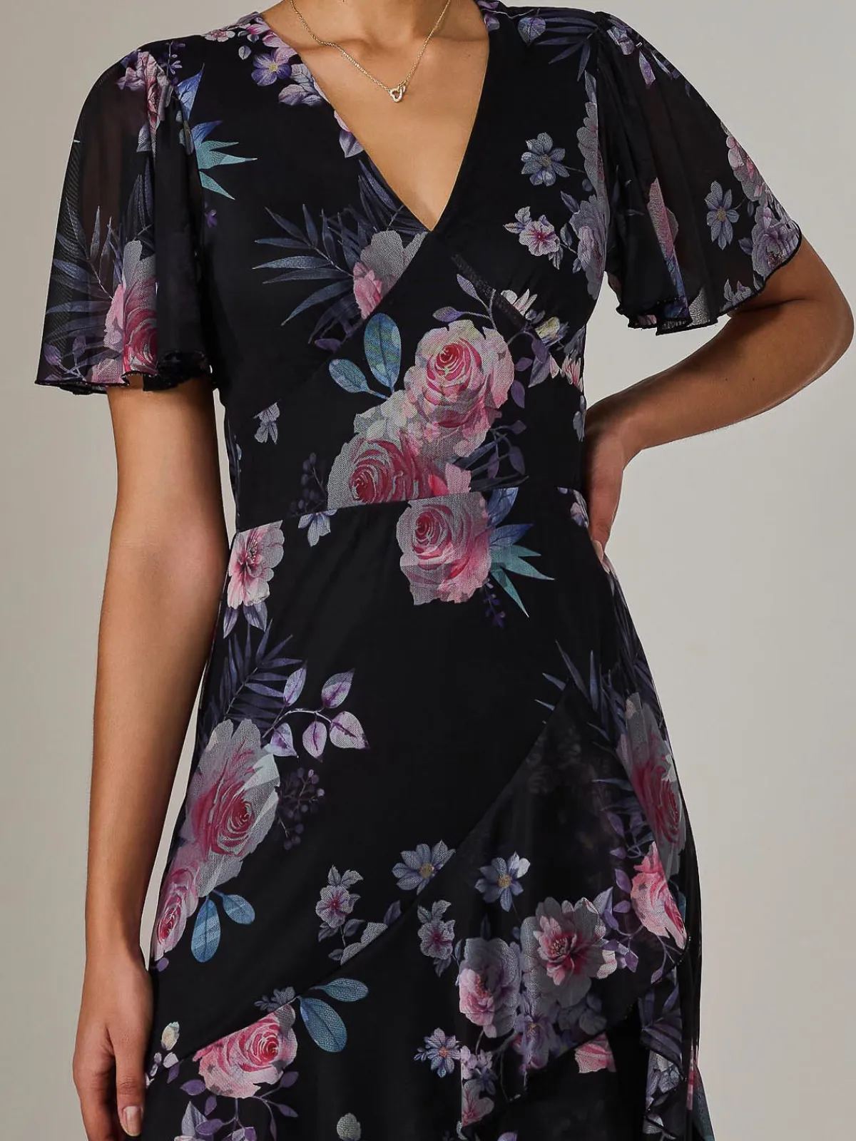 Jolie Moi Occasion Dresses|Floral Dresses-Mesh Print Frill Hem Midaxi Dress, Black Floral