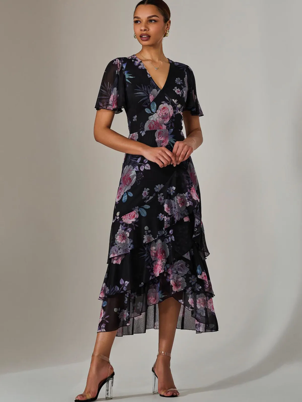 Jolie Moi Occasion Dresses|Floral Dresses-Mesh Print Frill Hem Midaxi Dress, Black Floral