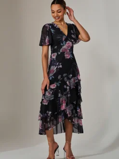 Jolie Moi Occasion Dresses|Floral Dresses-Mesh Print Frill Hem Midaxi Dress, Black Floral