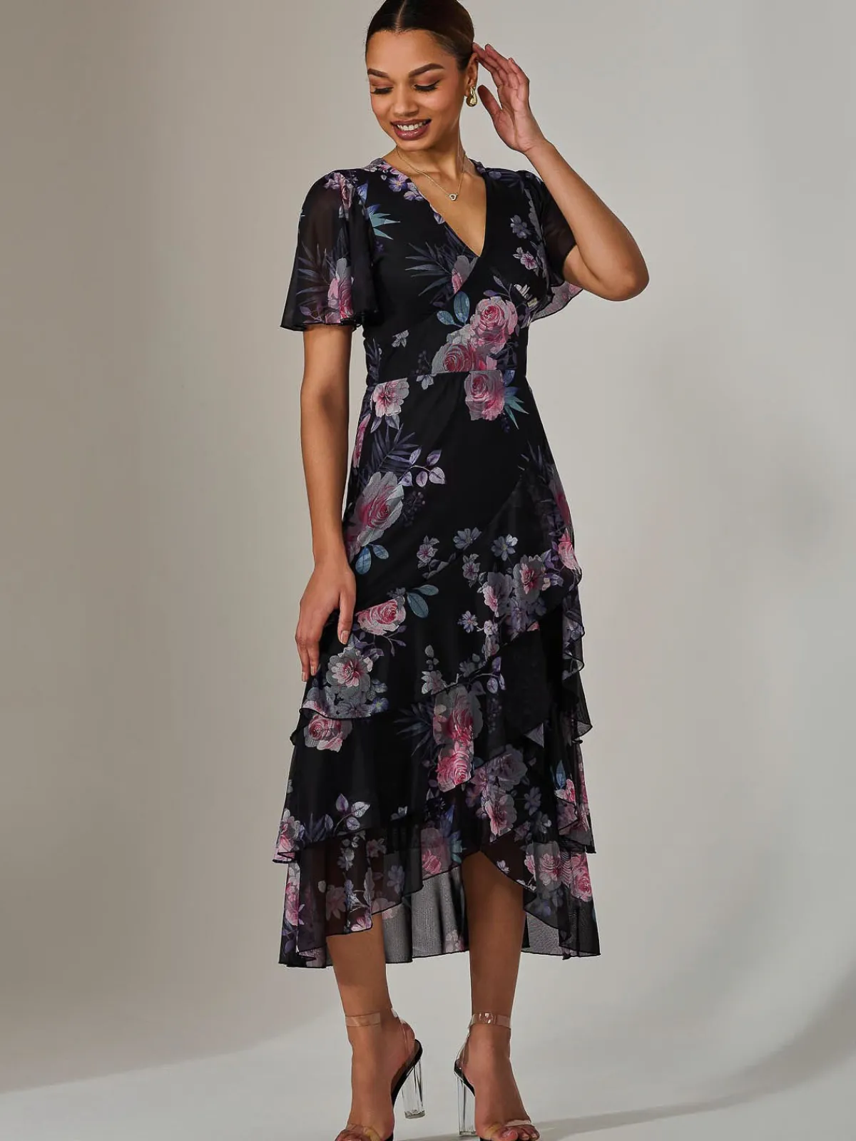 Jolie Moi Occasion Dresses|Floral Dresses-Mesh Print Frill Hem Midaxi Dress, Black Floral