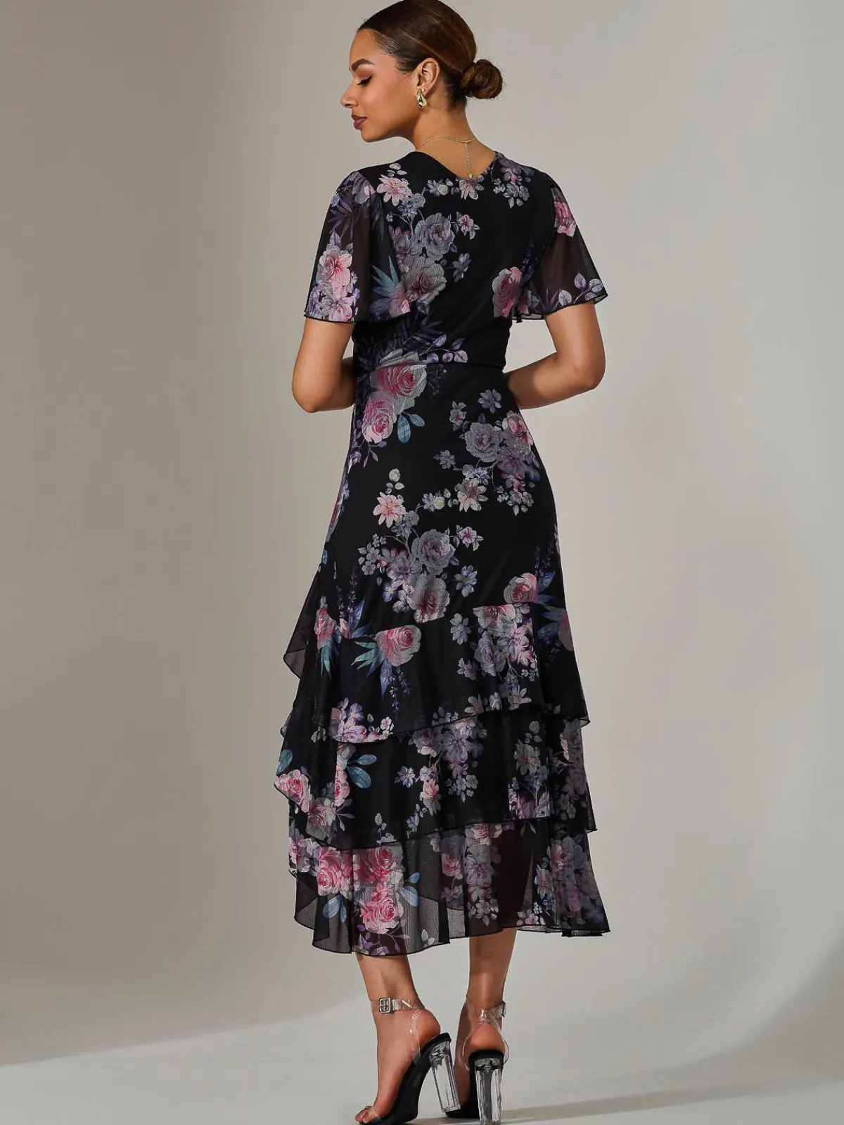 Jolie Moi Occasion Dresses|Floral Dresses-Mesh Print Frill Hem Midaxi Dress, Black Floral