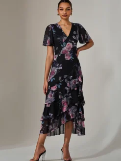 Jolie Moi Occasion Dresses|Floral Dresses-Mesh Print Frill Hem Midaxi Dress, Black Floral