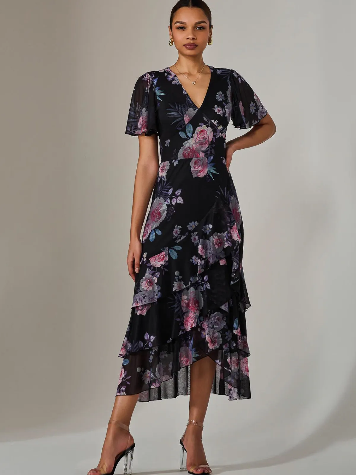Jolie Moi Occasion Dresses|Floral Dresses-Mesh Print Frill Hem Midaxi Dress, Black Floral