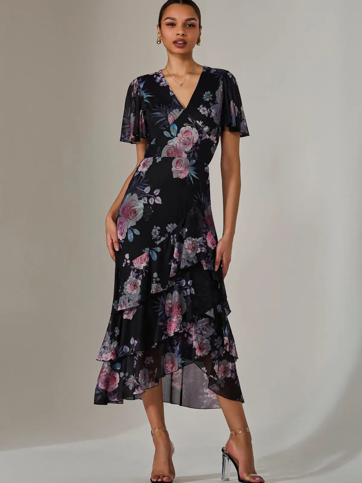 Jolie Moi Occasion Dresses|Floral Dresses-Mesh Print Frill Hem Midaxi Dress, Black Floral