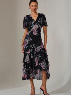 Jolie Moi Occasion Dresses|Floral Dresses-Mesh Print Frill Hem Midaxi Dress, Black Floral