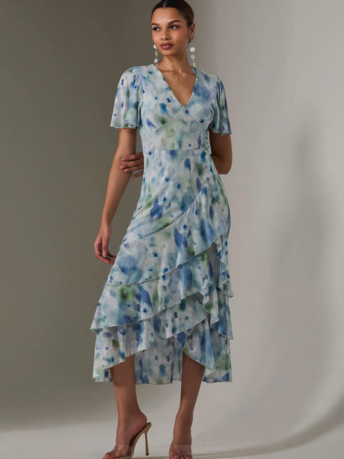 Jolie Moi Occasion Dresses|Floral Dresses-Mesh Print Frill Hem Midaxi Dress, Blue Abstract