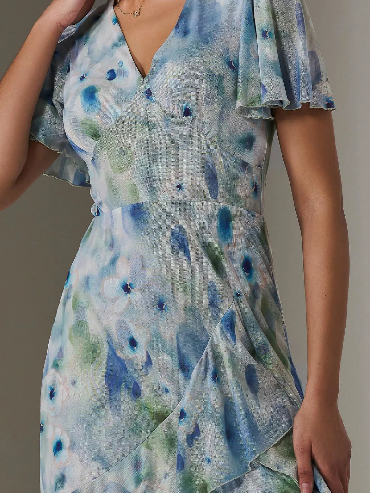 Jolie Moi Occasion Dresses|Floral Dresses-Mesh Print Frill Hem Midaxi Dress, Blue Abstract