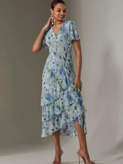 Jolie Moi Occasion Dresses|Floral Dresses-Mesh Print Frill Hem Midaxi Dress, Blue Abstract