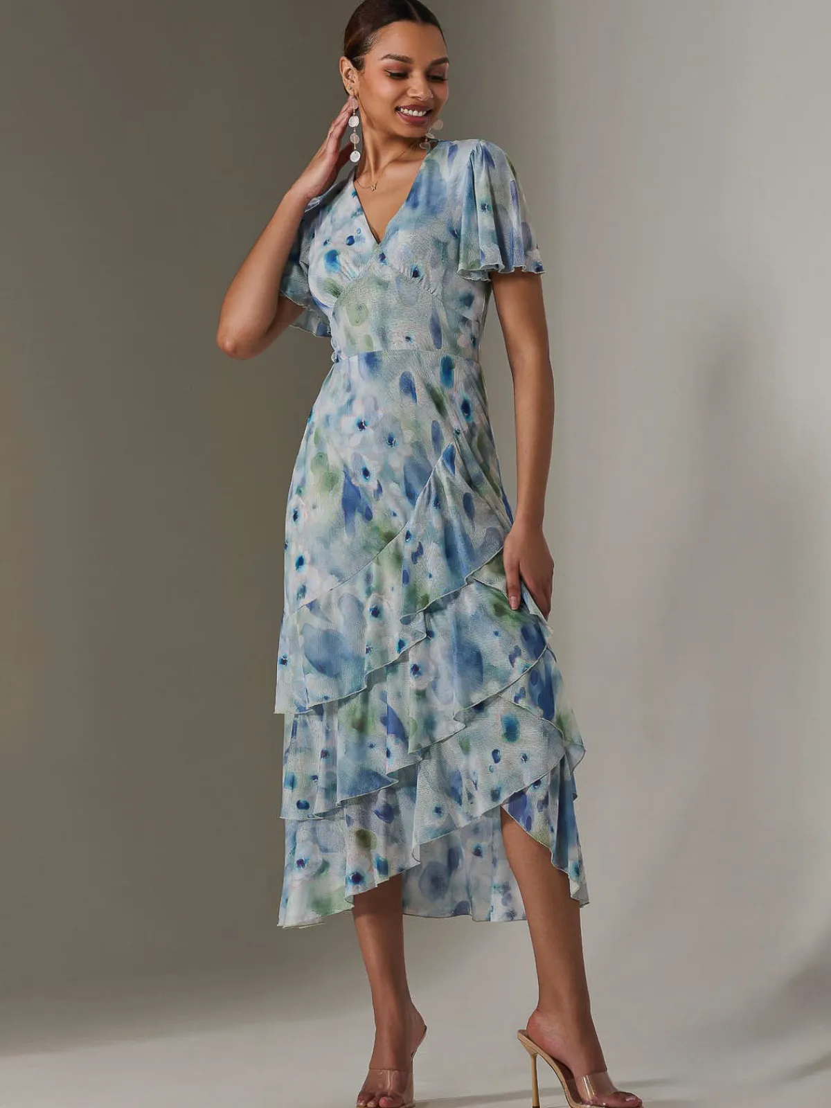 Jolie Moi Occasion Dresses|Floral Dresses-Mesh Print Frill Hem Midaxi Dress, Blue Abstract