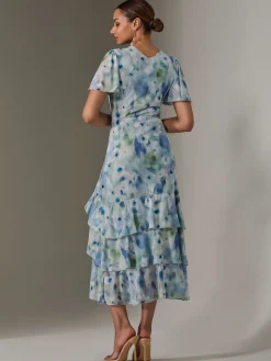 Jolie Moi Occasion Dresses|Floral Dresses-Mesh Print Frill Hem Midaxi Dress, Blue Abstract