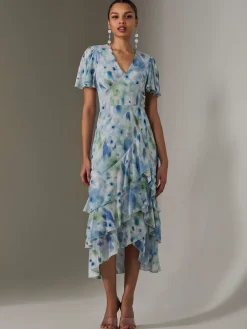 Jolie Moi Occasion Dresses|Floral Dresses-Mesh Print Frill Hem Midaxi Dress, Blue Abstract