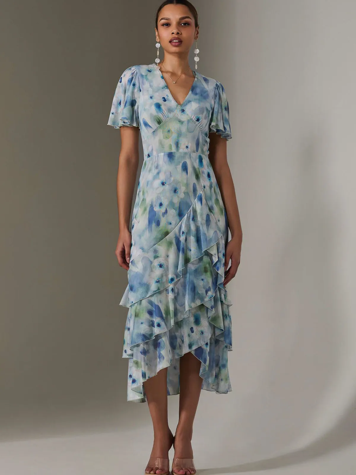 Jolie Moi Occasion Dresses|Floral Dresses-Mesh Print Frill Hem Midaxi Dress, Blue Abstract