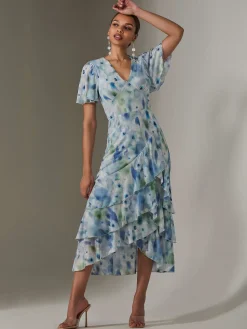 Jolie Moi Occasion Dresses|Floral Dresses-Mesh Print Frill Hem Midaxi Dress, Blue Abstract