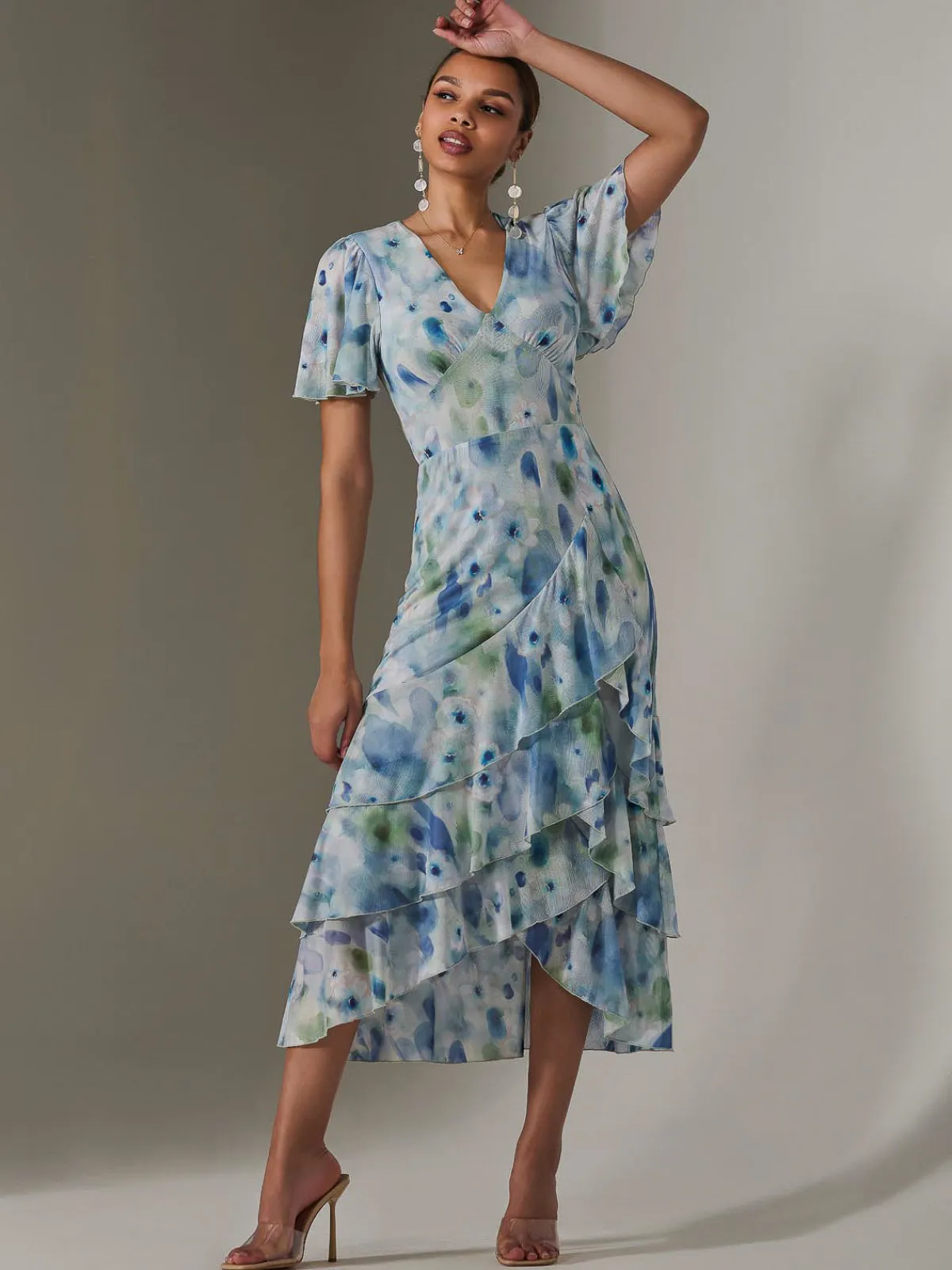 Jolie Moi Occasion Dresses|Floral Dresses-Mesh Print Frill Hem Midaxi Dress, Blue Abstract